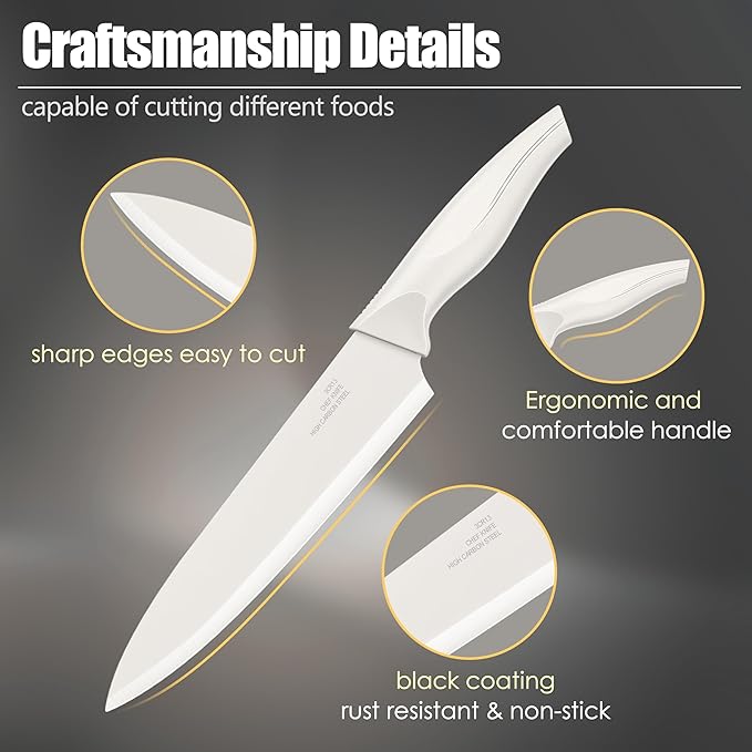 HaWare Knife Set, 21 Pieces Stainless Steel Kitchen Knife Block Set, White Chef Knife Sets with Measuring Spoon & Slicer for Home, 6 Steak Kinves, Sharp Blade & Light Weight Cutlery, Ergonomic Handle