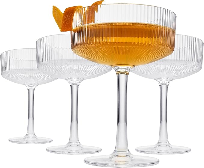 Khen Vintage Art Deco Shatterproof Coupe Martini, Champagne & Cocktail Glasses | Set of 4 | Acrylic Ribbed Glasses 8 oz Ripple Glassware Classic Cocktail Glassware Indoor & Outdoor, European Design