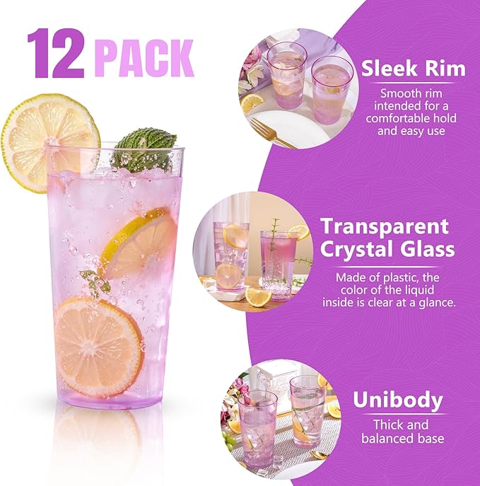 Liacere Plastic Drinking Glasses (Set of 12) 18 oz Highball Purple Reusable Plastic Glasses Colors，Kitchen Water Glasses Cup, Bar Tumbler Glassware Set for Juice, Cocktail, Whiskey, Valentine’s Day