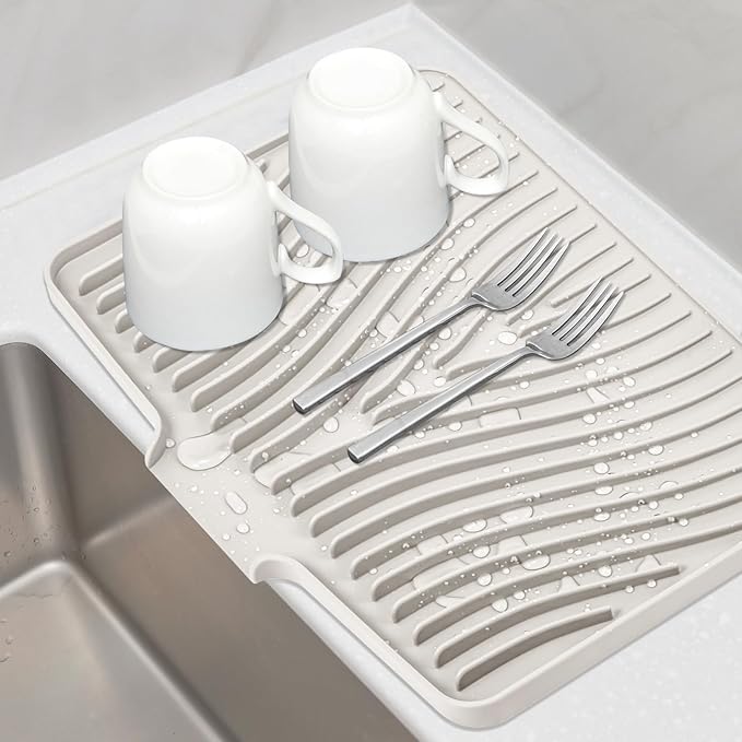 TIKNIK Silicone Dish Drying Mat, Stone Drying Mat for Kitchen Counter with Built-In Drain, Non-Slip Drain Pad with Built-in Drain, Heat Resistant Stone Drying Mat, Hangable, Cream-1pcs, 16" x 12"