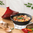 Moroccan Tagine for Cooking: Enameled Cast Iron Cooking Pot, Slow Cooker, Classic Kitchen Cookware, Tajine with Ceramic Cone-Shaped Closed Lid, 3.3 QT, Red