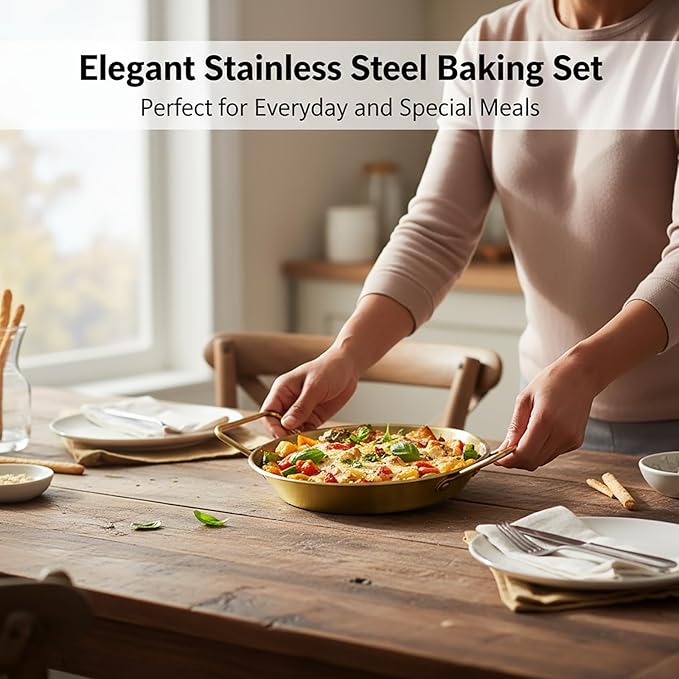 Pie pans Quirche Dishes Stainless Steel Set of 4, Specialty Gratins Pots and Pans Cookware, Au Gratin Baking Dish with Handles, 27 Oz, for Oven Roasting, Individual portion, Gold 8.3 Inch