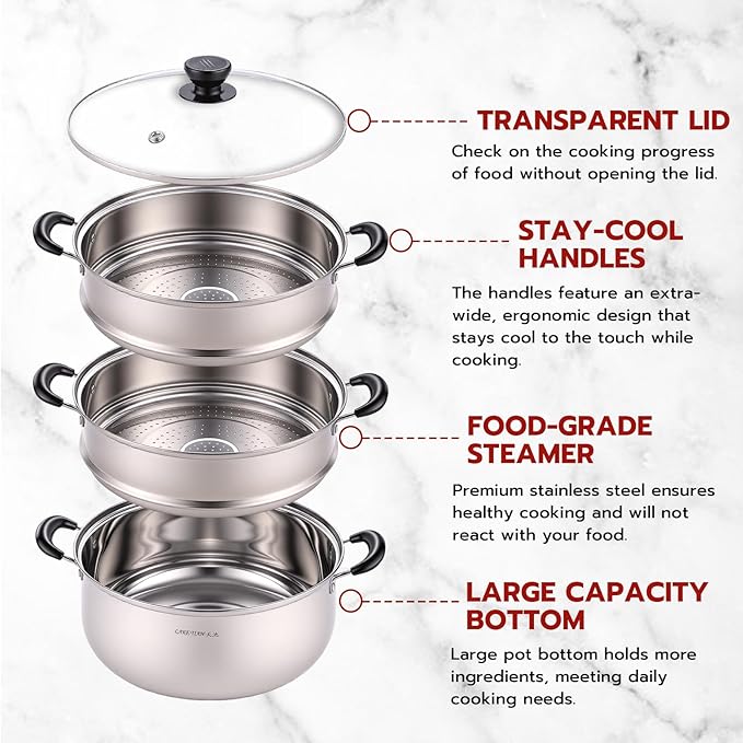 3 Tier Stainless Steel Steamer Pot For Cooking With Stackable Pan Insert, Food/Vegetable Steamer Cooker, Cookware Pot/Saucepan with Glass Lid, Multilayer By Lake Tian (26cm/10in)