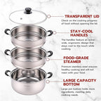 3 Tier Stainless Steel Steamer Pot For Cooking With Stackable Pan Insert, Food/Vegetable Steamer Cooker, Cookware Pot/Saucepan with Glass Lid, Multilayer By Lake Tian (26cm/10in)