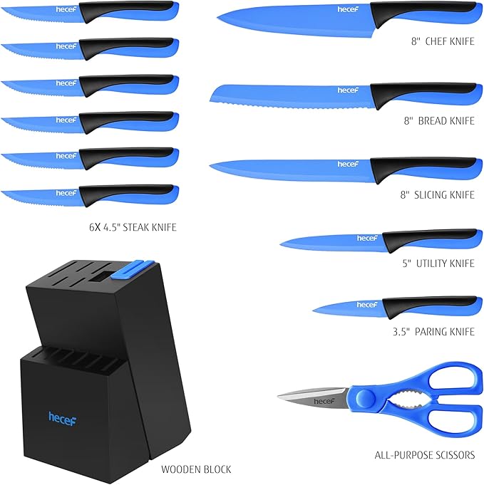 hecef 15 Pieces Kitchen Knife Set with Built-in Sharpening Wooden Block, Dishwasher Safe, High Carbon Stainless Steel Knife Block Set with Steak Knives, Kitchen Scissors (Blue)