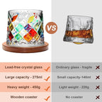 Rotatable Old Fashioned Glass Cup, 275ml/10oz Crystal Whiskey Glass, Wood Coaster, Thickening, Used as Rum Glass, Cocktail Cup, Coffee, Milk to Relax and Reduce Stress, Ideal Gift