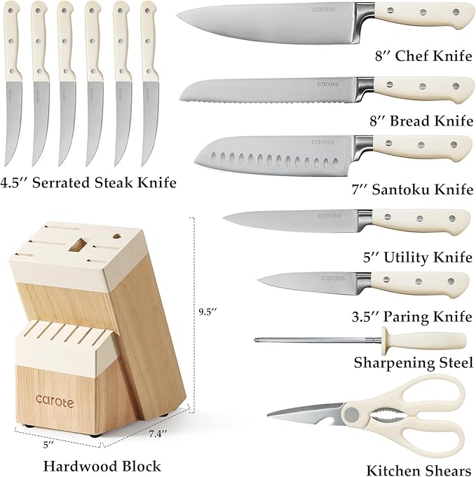 CAROTE 14 Pieces Knife Set with Block, Forged, High Carbon Stainless Steel Sharp Blade Block Knife Set, Dishwasher Safe Cutlery, Cream (Pack of 2)