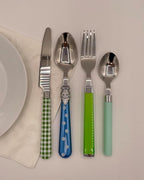The Original Brink House Eclectic Blue Green Mix & Match Stainless Steel Cutlery Set / 16 pieces with Metal Stand/Lifestyle utensils set for home, first apartment, dorm, dinner parties