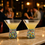 Large Stemless Martini Glasses – Set of 2-8oz Luxury Hand Blown Confetti Margarita, Martinis, Cocktails, Water, Wine, Dessert & Champagne Glasses Cinco de Mayo, Hand Blown - Mexican Confetti Glass