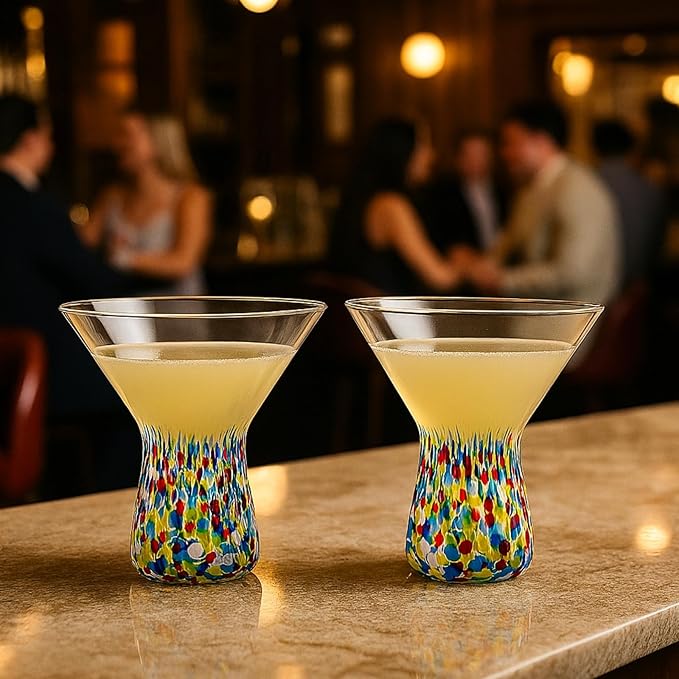 Large Stemless Martini Glasses – Set of 2-8oz Luxury Hand Blown Confetti Margarita, Martinis, Cocktails, Water, Wine, Dessert & Champagne Glasses Cinco de Mayo, Hand Blown - Mexican Confetti Glass