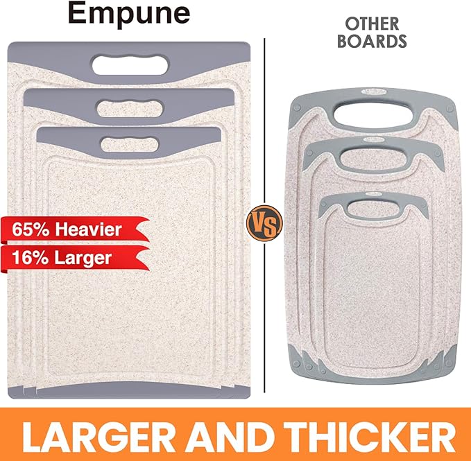 Extra Large Cutting Boards, Plastic Cutting Boards for Kitchen (Set of 3) Cutting Board Set Dishwasher Chopping Board with Juice Grooves Easy-Grip Handles, Beige, Empune