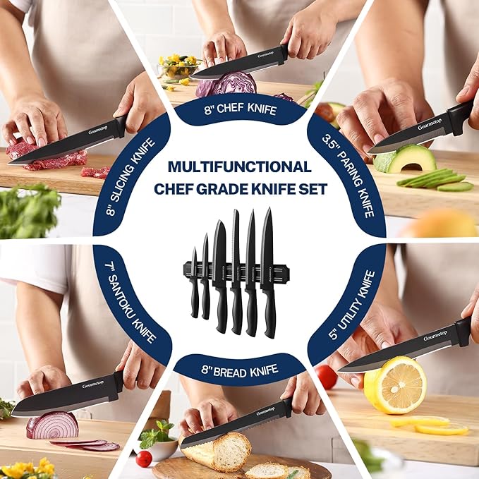 Gourmetop Kitchen Knife Set with No Drilling Magnetic Strip for Kitchen Black Titanium Small Cooking Knives, Sharp Stainless Steel Chef Knife Set for Cutting Meat & Vegetable