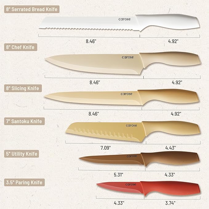 CAROTE Knife Set, 12 Pieces Kitchen Knife Set, 6 Stainless Steel Knives with Blade Guards & Nonstick Ceramic Coating, Rustproof, Color-Coded, Ergonomic Handles