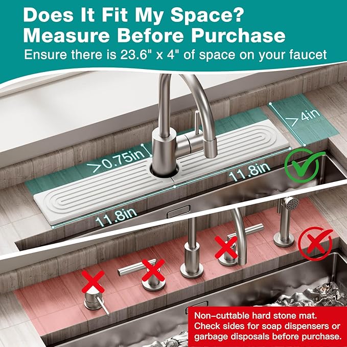 DK177 Diatomite Fast Drying Faucet Mat for Kitchen Sink, Water Absorbing Stone Tray, Faucet Splash Guard for Bathroom Counter, White, 23.6" x 4"