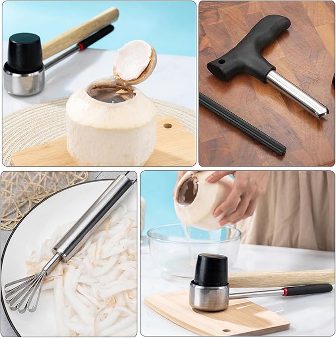 NUOBESTY Coconut Shell Opener Set 4pcs Stainless Steel Household Coconut Scraper Shredder with Drill Tool for Home Kitchen Cooking