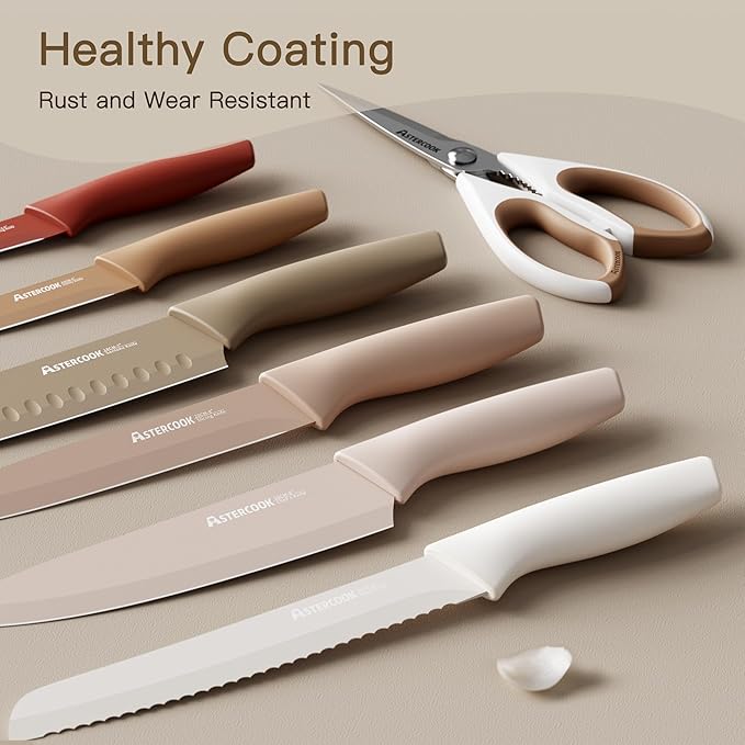 Astercook Knife Set, 13 Pieces Kitchen Knives Set with Healthy Anti-Rust Coating, Dishwasher Safe, Stainless Steel Chef Knife Sets with 6 Blade Guards, Perfect Holiday Gifts for Kitchen (Pack of 2)