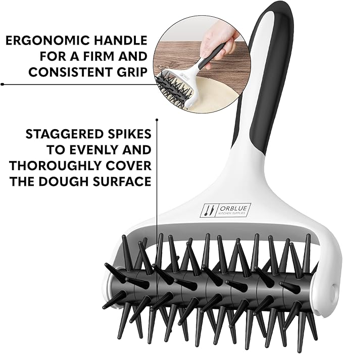 Orblue Pizza Dough Docker Pastry Roller with Spikes, Pizza Docking Tool for Home & Commercial Kitchen - Pizza Making Accessories that Prevent Dough from Blistering, Black