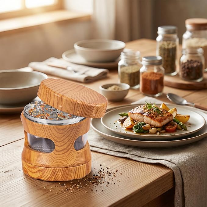 4-Piece Spice Grinder with Magnetic Lid, Resin Wood Grain Grinder with Integrated Screen & Transparent Storage Chamber, Manual Kitchen Seasoning Grinder