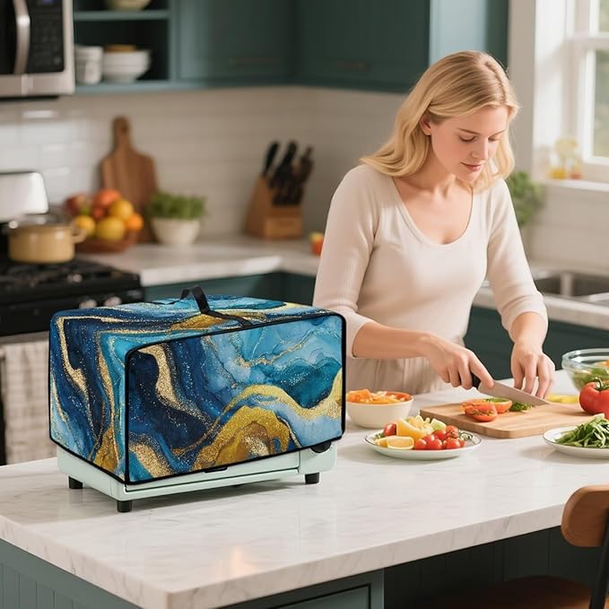 Marble Print Toaster Oven Dust Cover for Kitchen Counter, Heavy Duty Heat-resistant Microwave Oven Protective Cover Air Fryer Covers, Blue & Gold (Small-14.5 * 18.46 * 9 inches)