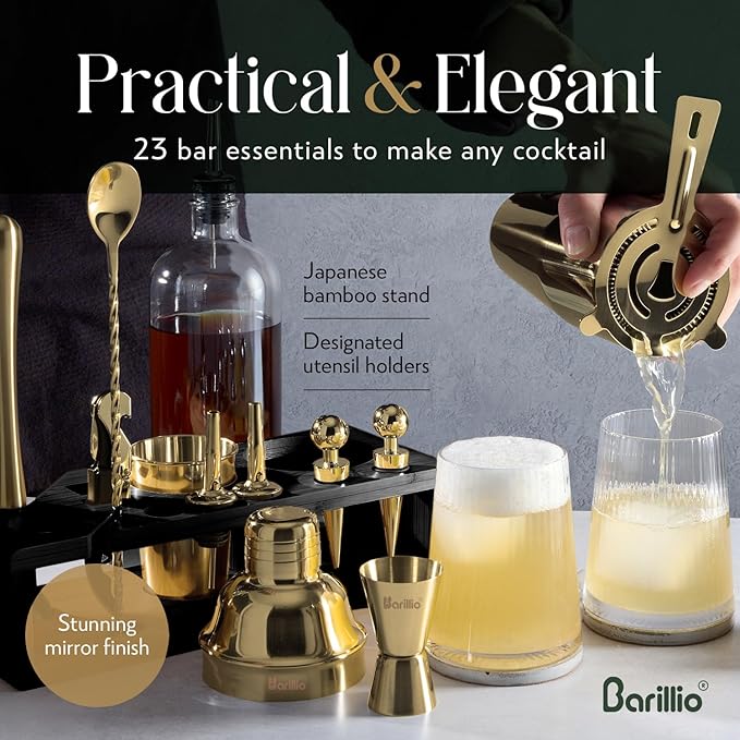 Barillio Gold Bartender Kit - Stainless-Steel Cocktail Shaker Set w/Black Bamboo Stand - Mixology Bar Tools w/Drink Shaker, Mixer, and Muddler for Cocktails - Home Bar Accessories - 23-Pc Bar Set