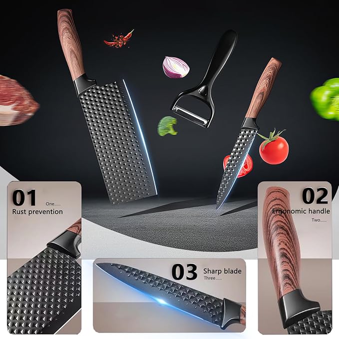 Knife Set, 10 Pieces Professional Kitchen Knife Set with Universal Knife Block, Non-stick Heat Resistan Kitchen Tools and Gadgets with Wooden Handle (Black)