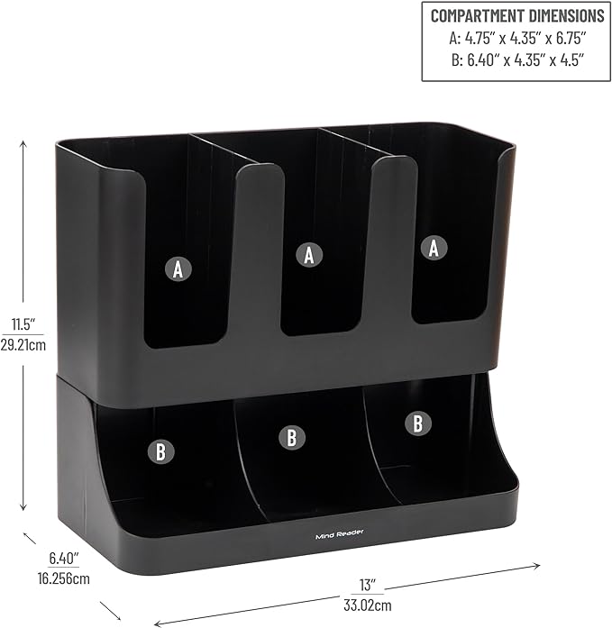Mind Reader Cup and Condiment Station, Countertop Coffee Bar Organizer with 6 Compartments, Storage Caddy for Cups Lids and Packets, Plastic, Black