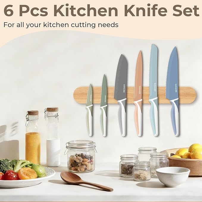 Knife Set, 12 Pieces Kitchen Knives Set with Healthy Non-Stick Coating, Dishwasher Safe Anti-Rust Stainless Steel Knives with 6 Blade Guards, Ergonomic Handles, Ideal Gift Set