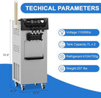 PioneerWorks Commercial Ice Cream Machine, 20-28L/H Yield, 2200W 7L X 2 Capacity, LCD Display, Auto Clean Adjustable Hardness 3 Flavor for Restaurant Snack Bars