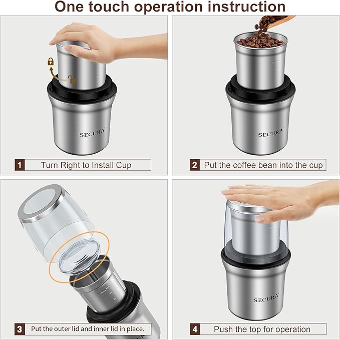 Secura Electric Coffee Grinder and Spice Grinder with 1 Stainless Steel Blades Removable Bowl