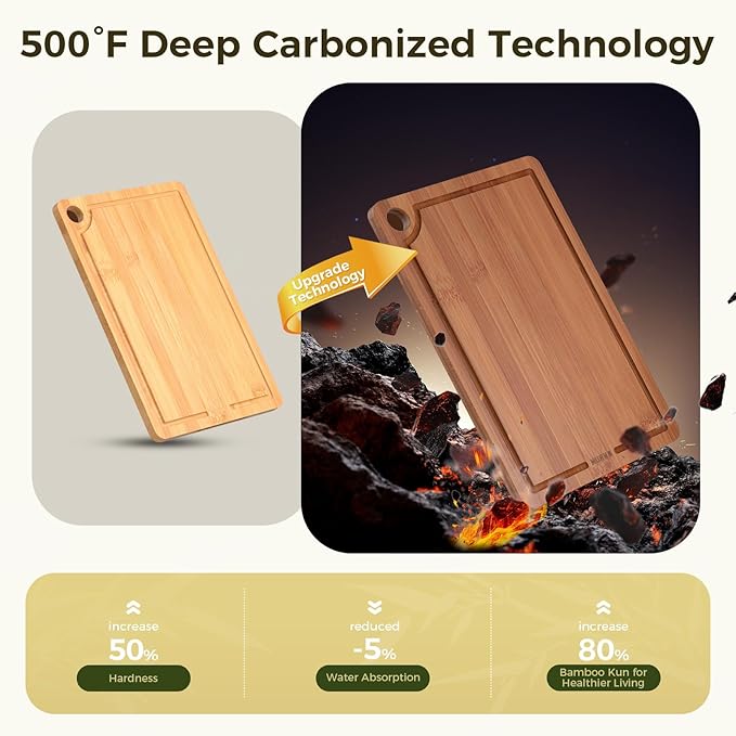 Bamboo Cutting Board for Kitchen – 3-Piece Wooden Boards with Juice Grooves, Side Handles, Non-Slip Mats – Perfect for Meat, Veggies Fruit,Cutting Board & Knife Sets – Ideal Kitchen Gift