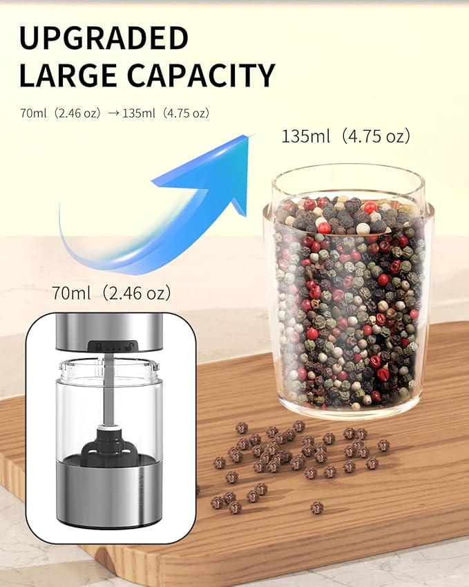 CIRCLE JOY Gravity Electric Salt and Pepper Grinder Set with 2-Speed, Rechargeable Salt and Pepper Grinder Set, Adjustable Coarseness, Whiet LED Light