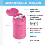 THERMOS FUNTAINER 16 Ounce Stainless Steel Vacuum Insulated Food Jar with Folding Spoon, Neon Pink