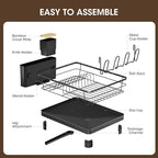Runnatal Dish Drying Rack, Stainless Steel Dish Rack with Drainboard for Kitchen Counter and Sink, Large Capacity Dish Drainer, Detachable 2-in-1 Utensil Holder, Cup Holder, Black
