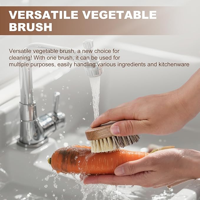 2 Pack Wooden Vegetable Brush for Food - Dual Bristle Potato Brush Scrubber with Hanging Rope | Natural Compostable Kitchen Vegetable Scrubber for Potatoes, Carrots, Fruits