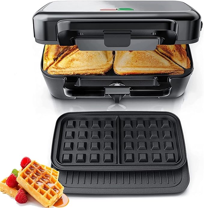 FOHERE Sandwich Maker 3 In 1 Waffle Maker With Removable Plates,1200W Grilled Cheese Maker, 5-gear Temperature Control, Non-stick Coating Easy to Clean, Indicator Lights, Silver/Black