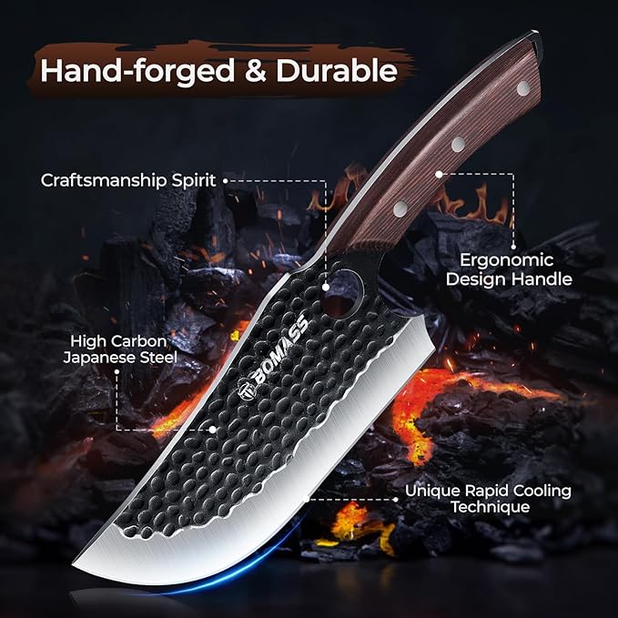 Meat Cleaver Butcher Knife Set of 17Pcs, Hand Forged Kitchen Knives Set, High Carbon Steel Chef Knife Set with bag & 6 Accessories, Boning Knives for Meat Cutting, Outdoor Cooking BBQ Camping Gift