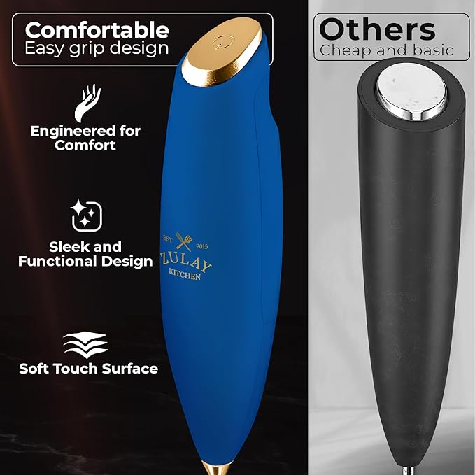 Zulay Kitchen Patented Tornado Triple Whisk Milk Frother with 4 Duracell Batteries – Handheld Foam Maker for Coffee, Lattes, Matcha & Hot Chocolate – Rich, Creamy Froth in Seconds - Navy Blue & Gold