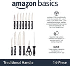 Amazon Basics 14-Piece High Carbon Stainless Steel Kitchen Knife Set with Full Tang Construction, Ergonomic Handles, Sharpener and Pinewood Block, Black