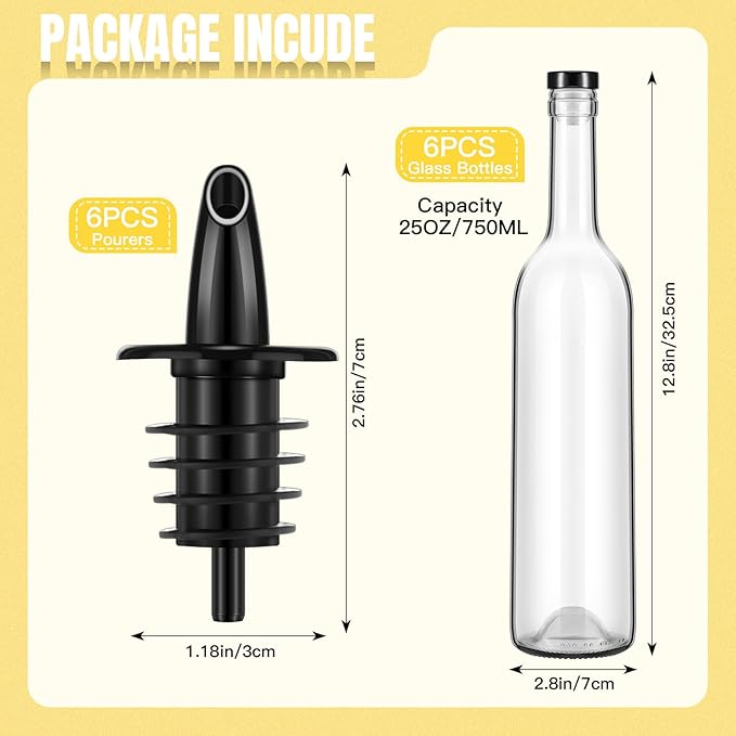 Baderke 6 Pack Glass Long Neck Bottles with Pourer and Caps Clear Glass Wine Syrup Bottle with Spout for Liquor Juice Home Party Bar Kitchen Accessories(Plastic)