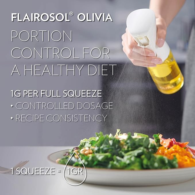 FLAIROSOL OLIVIA SIGNATURE Advanced Kitchen Oil Sprayer Technology, Fine Mist & Portion Control, Refillable Glass Olive Oil Cooking Spray Bottle for Air Fryer, Salad, BBQ, 130ml (White Print)