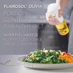 FLAIROSOL OLIVIA SIGNATURE Advanced Kitchen Oil Sprayer Technology, Fine Mist & Portion Control, Refillable Glass Olive Oil Cooking Spray Bottle for Air Fryer, Salad, BBQ, 130ml (White Print)