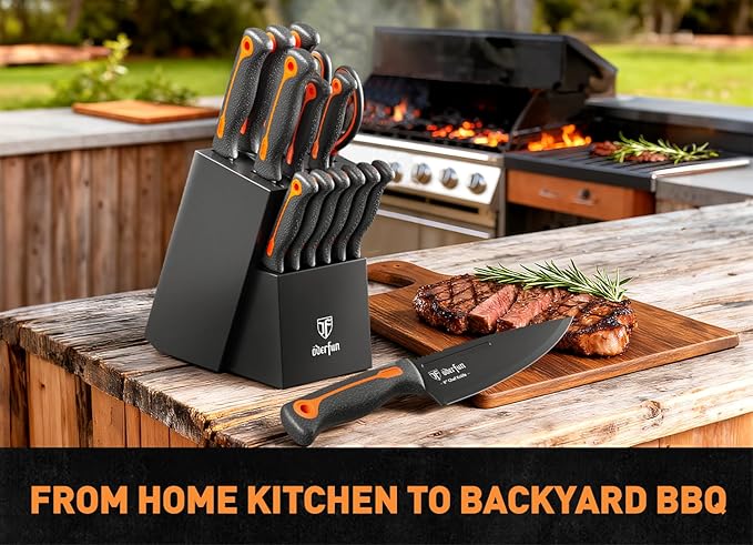 Knife Block Set -15 PCS Dishwasher Safe Kitchen Knife Set, High Carbon Stainless Steel, Razor-Sharp knives set with sharpener, Non-Slip Handles, Elegant Box for Her Him Women Men, Black,