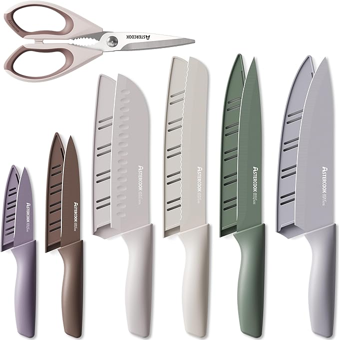 Astercook Knife Set, 13 Pieces Kitchen Knives Set with Healthy Anti-Rust Coating, Dishwasher Safe, Stainless Steel Chef Knife Sets with 6 Blade Guards, Perfect Holiday Gifts for Kitchen Morandi