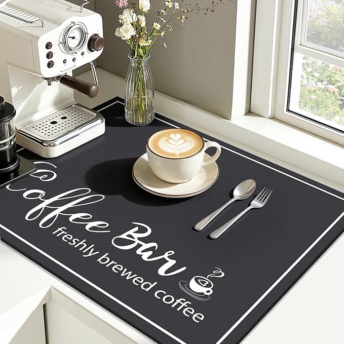 Findosom Dish Drying Mat, 18" x 24" Super Absorbent & Hide Stain Coffee Mat, Cuttable Drying Mat for Kitchen Counter, Coffee Bar Accessories, Under Dish Rack, Coffee Maker, Espresso Machine, Black