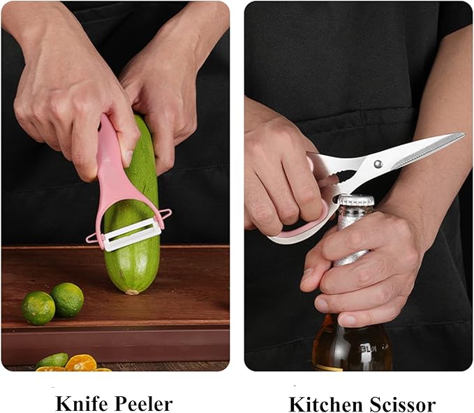 Pink Kitchen Knife Set, 9-Piece - Non-Stick, Sharp, High Carbon Stainless Steel Knives with Acrylic Block - Perfect for Meat Slicing, Chopping - Ideal Kitchen Gifts for Women