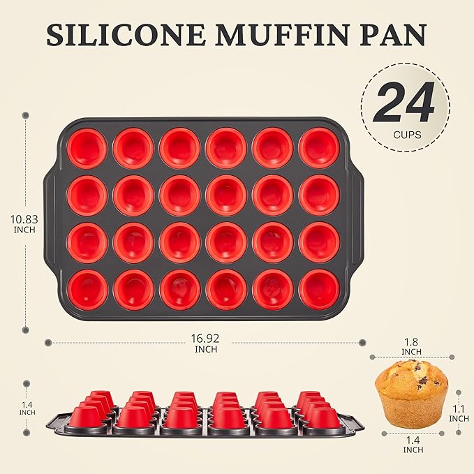 BRONYPRO Silicone Mini Muffin Pan with Metal Frame, Egg Bite Molds for Baking for Baking, Cupcake Pans 24 Regular Size, Muffin Tins Easy to Pop Nonstick Non Toxic Bakeware for Oven,Red