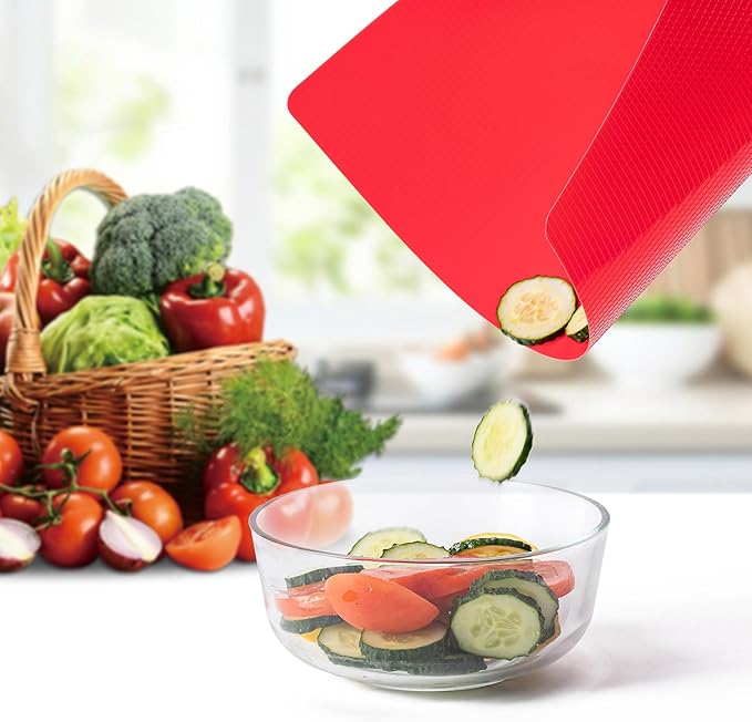 5 Pieces Flexible Plastic Cutting Board Mats with Food Icons, BPA Free Cutting Boards for Kitchen, Non Slip Cutting Mat for Meat and Vegetables (Red, Bright Yellow, Light Green, Purple, Lake Blue)