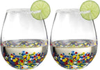 Large Stemless Wine Glasses – Set of 2-14oz Luxury Hand Blown Confetti Margaritas, Martini, Cocktails, Water, Wine, Dessert & Champagne Glasses Cinco de Mayo, Hand Blown - Mexican Confetti Glass