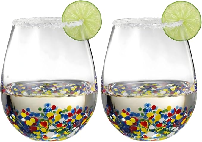 Large Stemless Wine Glasses – Set of 2-14oz Luxury Hand Blown Confetti Margaritas, Martini, Cocktails, Water, Wine, Dessert & Champagne Glasses Cinco de Mayo, Hand Blown - Mexican Confetti Glass