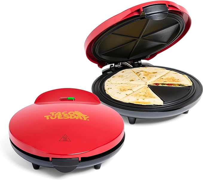 Taco Tuesday Deluxe 10-inch 6-Wedge Electric Quesadilla Maker with Extra Stuffing Latch, Red
